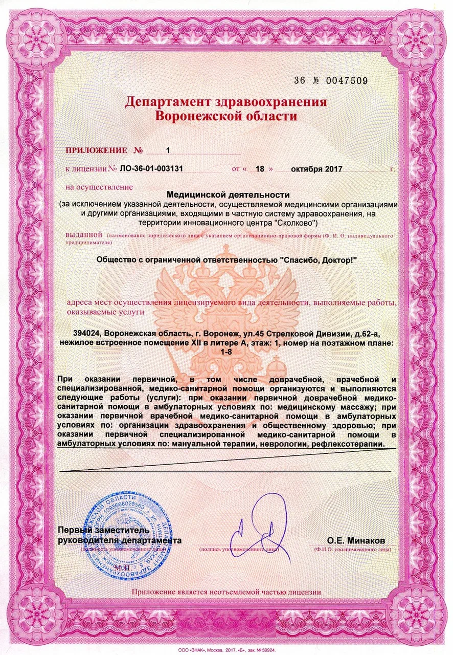 Приложение к лицензии медицинского центра